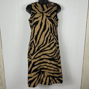 Anne Klein Women Dress 2 Animal Print Tiger Linen Blend Sheath Midi Tan Black